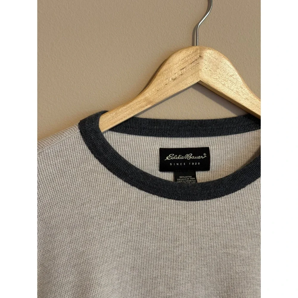 Vintage Eddie Bauer Mens Long Sleeve Ringer Shirt Oatmeal Cotton Knit - Picture 2 of 4